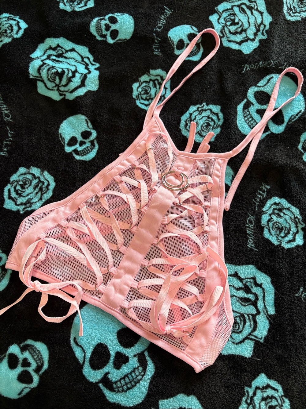 iHeartRaves Pink Lace-Up Mesh Crop Top with O-Ring